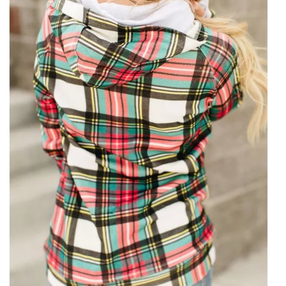 Plaid Thumbhole Double Hooded Cowl. Neck Shirt - Picture 2 of 12